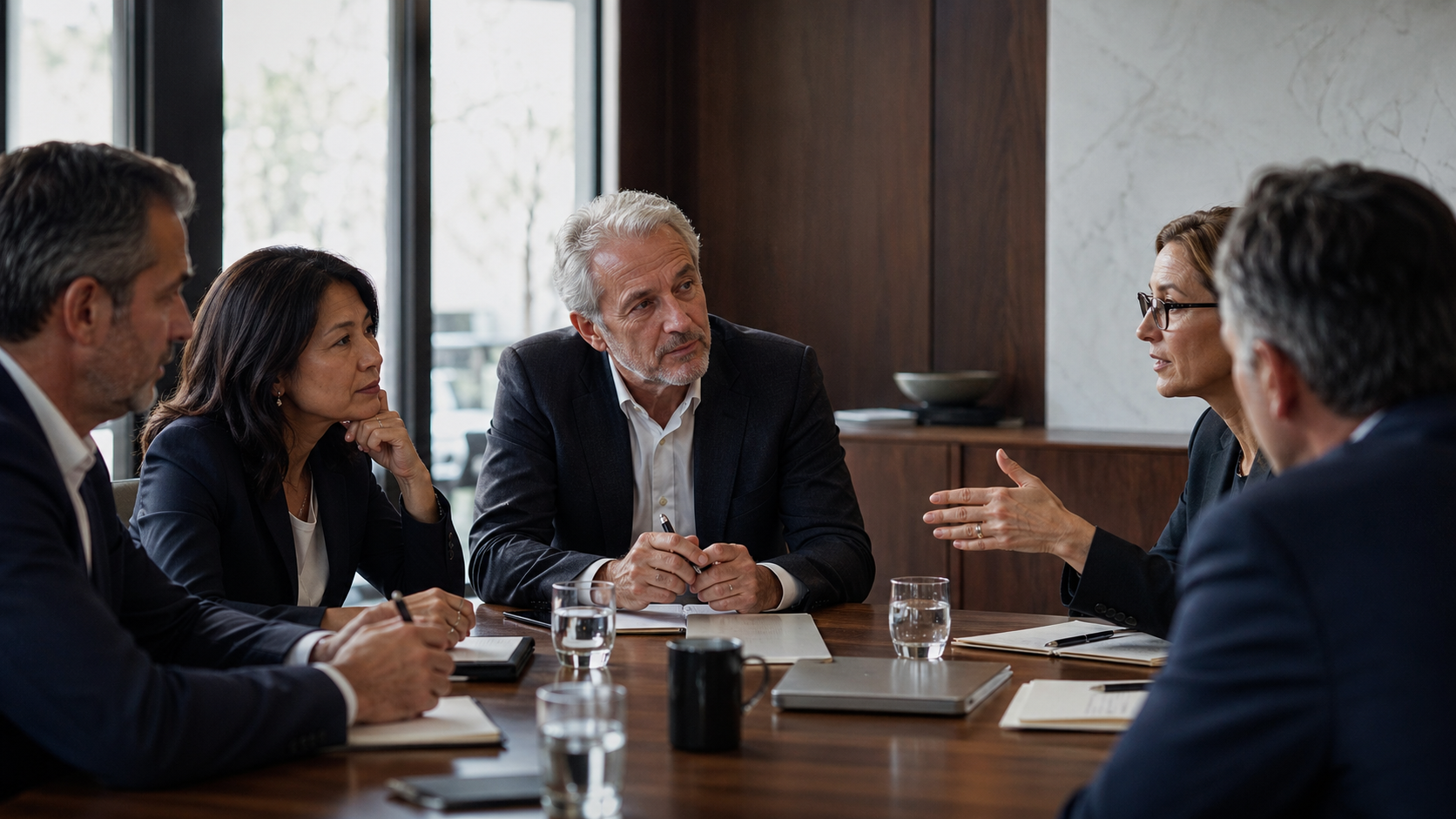 Sesión ejecutiva de facilitación: directivos en conversación alrededor de una mesa