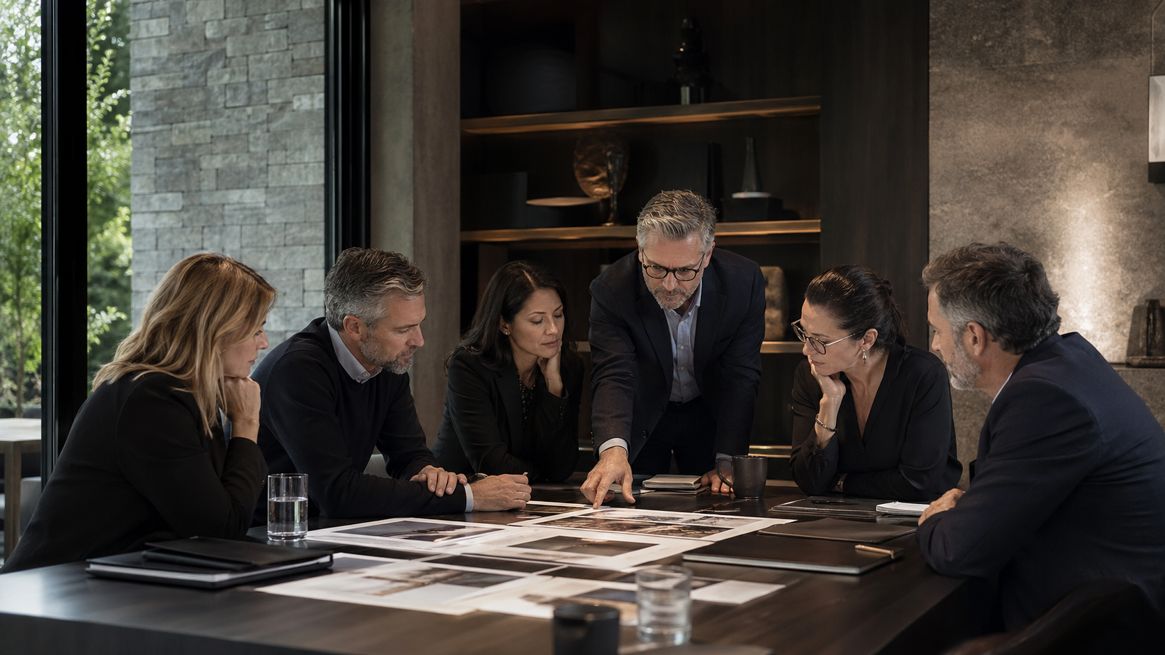 Equipo directivo revisando un mapa de acuerdos sobre la mesa